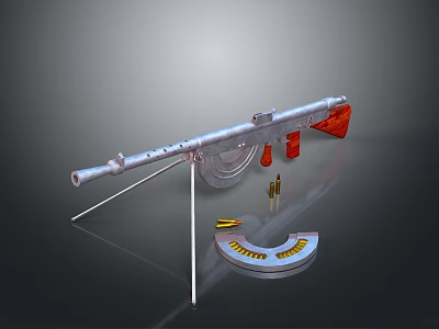 3D Rendered Silver Machine Gun With Red Components Stand Magazine And Bullets 3d model