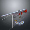 3D Rendered Silver Machine Gun With Red Components Stand Magazine And Bullets