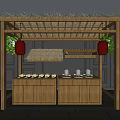 Traditional Thatched Roof Pavilion With Red Lanterns Green Plants And Wooden Cabinets