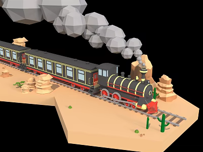 Electric Toy Steam Train on Tracks with Desert Rocks Cacti and Smoke 3d model