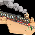 Electric Toy Steam Train on Tracks with Desert Rocks Cacti and Smoke