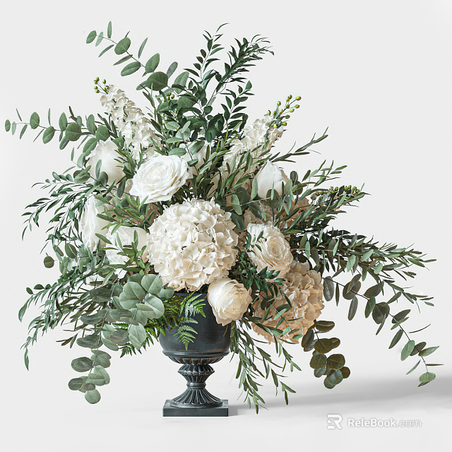 Elegant Black Vase Floral Arrangement With White Roses Hydrangeas And Eucalyptus Leaves 3d model 