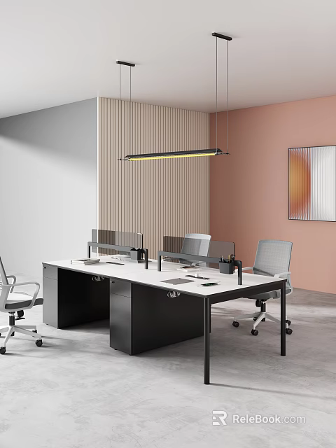Modern Public Office Space With White Desks Divider Screens Gray Chairs And Hanging Light Fixture 3d model 