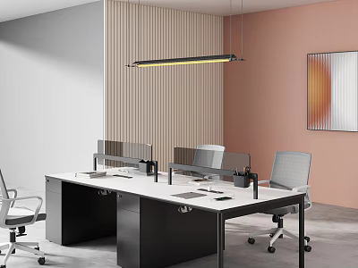 Modern Public Office Space With White Desks Divider Screens Gray Chairs And Hanging Light Fixture 3d model