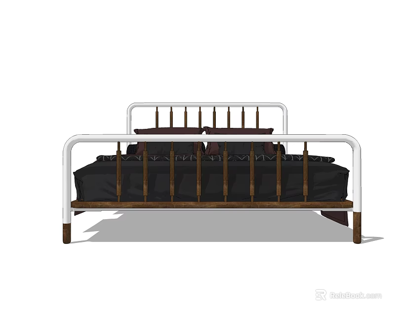 Modern Double Bed With White Metal Frame And Dark Wooden Slats And Black Pillows 3d model 