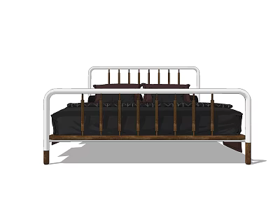 Modern Double Bed With White Metal Frame And Dark Wooden Slats And Black Pillows 3d model