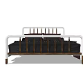 Modern Double Bed With White Metal Frame And Dark Wooden Slats And Black Pillows