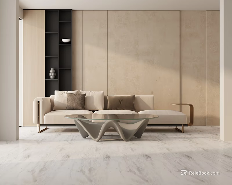 Modern Three-Seater Sofa With Cushions Coffee Table And Black Bookshelf On Marble Floor 3d model