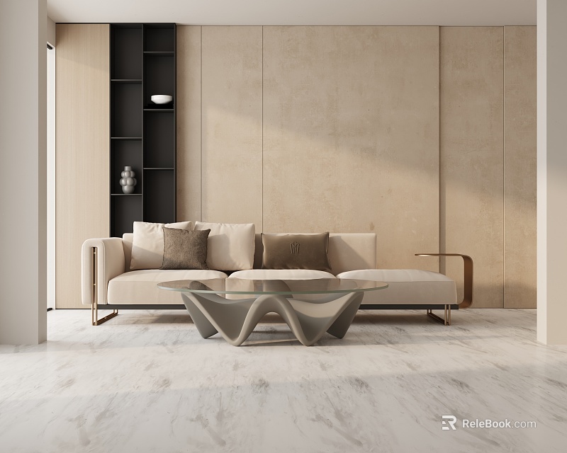 Modern Three-Seater Sofa With Cushions Coffee Table And Black Bookshelf On Marble Floor 3d model 