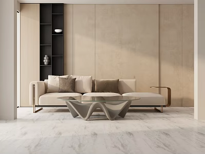 Modern Three-Seater Sofa With Cushions Coffee Table And Black Bookshelf On Marble Floor 3d model