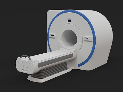 Medical Imaging Scanner Featuring White Body Blue Circular Ring and Movable Table for Diagnostic Scanning 3d model