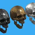 Three Black Gold And Silver Metallic Skulls Displayed On Blue Background 3d model