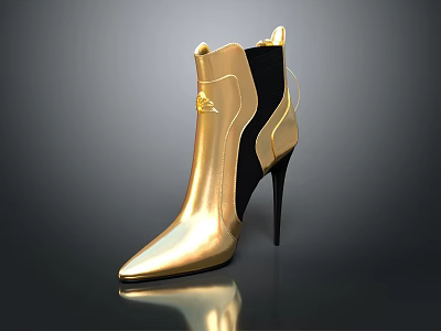 Gold And Black Ankle Boots With Pointed Toe Stiletto Heel And Spliced Design 3d model