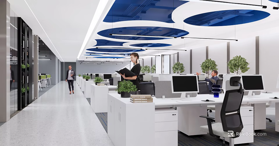 Modern Public Open Office Space With White Desks Computer Monitors Green Plants And Blue Ceiling 3d model 