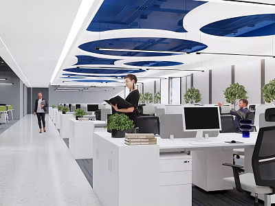 Modern Public Open Office Space With White Desks Computer Monitors Green Plants And Blue Ceiling 3d model