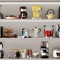 Various Modern Kitchen Appliances Displayed On Shelves Including Blender Coffee Maker Microwave And Toaster