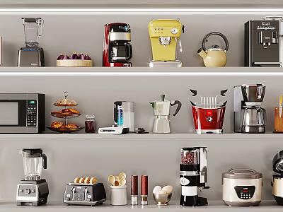 Various Modern Kitchen Appliances Displayed On Shelves Including Blender Coffee Maker Microwave And Toaster 3d model