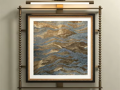 Luxurious Decorative Painting With Gold And Blue Wave Patterns In Ornate Frame 3d model