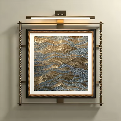 Luxurious Decorative Painting With Gold And Blue Wave Patterns In Ornate Frame 3d model