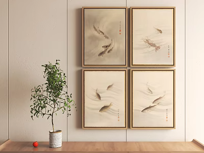 Four Framed Chinese Animal Paintings With Fish Themes On Wall 3d model