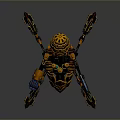 Elaborate Mechanical Creature Design With Golden Blue Accents Weapon Like Appendages And Multi Legged Structure