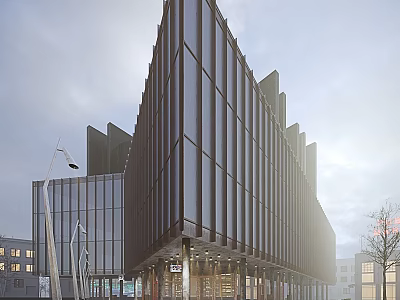 Urban Building Complex Featuring Modern Glass Facade and Geometric Design in City Surroundings 3d model