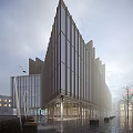 Urban Building Complex Featuring Modern Glass Facade and Geometric Design in City Surroundings