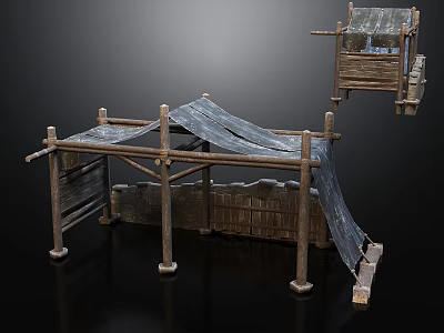Traditional Rustic Outdoor Tent With Wooden Frame Fabric Covering And Support Poles 3d model