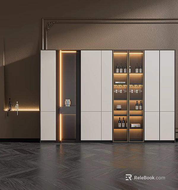 Modern Wine Cabinet With Glass Doors Displaying Wine Bottles And Glassware 3d model 