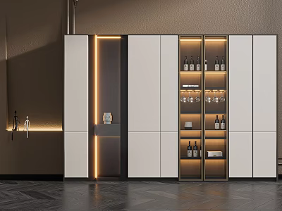 Modern Wine Cabinet With Glass Doors Displaying Wine Bottles And Glassware 3d model