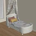 Kids Bed With Patterned Canopy Light Colored Design And Cozy Decorative Pillows