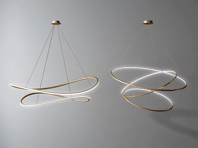Elegant Modern Chandeliers With Sleek Golden Spiral Frames And Illuminated Rings 3d model