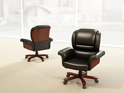 Black Leather Office Chair With Wooden Armrests And Five Star Casters For Comfortable Office Use 3d model