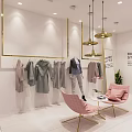 Minimalism Style Clothing Store With Clothing Racks Pink Chair Marble Counter And Chandeliers