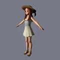 Girl With Red Hair Wearing Brown Hat Blue White Striped Top And White Dress Sandals