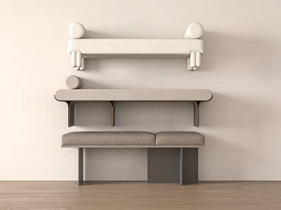 Three Different Footstool Designs Hanging On Light Colored Wall With Wooden Floor 3d model