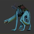 Detailed Blue Creature Character as Game Movie Mount with Long Neck Tail and Saddle Gear