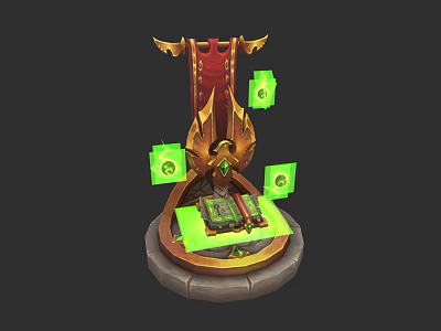 Fighter Jet With Golden Wings Red Cockpit Seat And Green Glowing Panels On Round Base 3d model