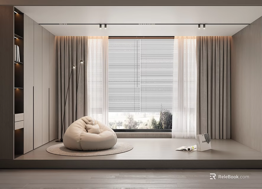 Modern Curtains and Roller Blinds in Cozy Room with Bean Bag Chair Bookshelf Wooden Floor 3d model 