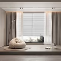 Modern Curtains and Roller Blinds in Cozy Room with Bean Bag Chair Bookshelf Wooden Floor