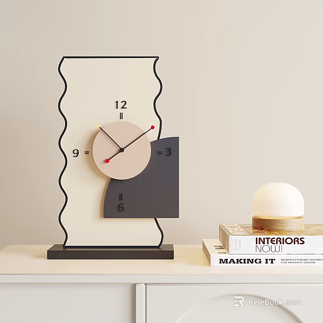 Modern Wavy Black Frame Clock With Beige Dial Red Hands And Books On Tabletop 3d model 