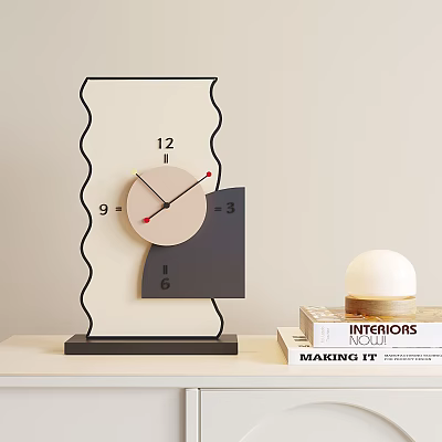 Modern Wavy Black Frame Clock With Beige Dial Red Hands And Books On Tabletop 3d model