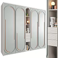 Modern Light Grey Wardrobe With Arc Door Design Rose Gold Trim And Open Shelf
