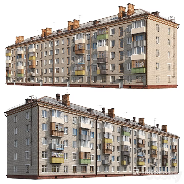 Multi Storey Residential Building Exterior Design With Colorful Balconies Multiple Windows And Chimneys 3d model 