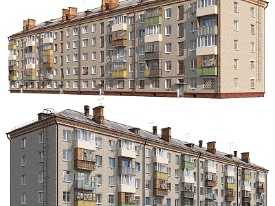 Multi Storey Residential Building Exterior Design With Colorful Balconies Multiple Windows And Chimneys 3d model