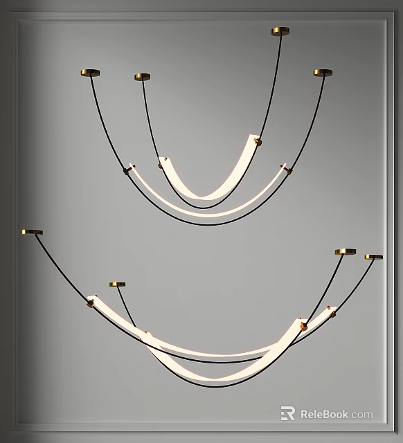 Modern Hanging Chandelier Design With Black Metal Arcs White Light And Gold Accents 3d model 