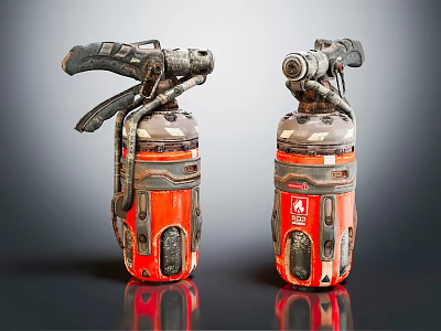 Red Fire Extinguishers With Metal Handles And Nozzles On Reflective Surface 3d model