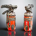 Red Fire Extinguishers With Metal Handles And Nozzles On Reflective Surface