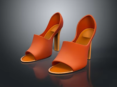 Pair Of Orange Open Toe High Heels With Sleek Design And Stiletto Heel 3d model