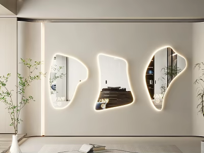Modern Irregular Shaped Lighted Mirrors On Light Wall With Green Plants And Minimalist Design 3d model